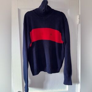 VTG Polo Ralph Lauren Men's Navy Red Stripe Turtleneck Cotton Sweater Large